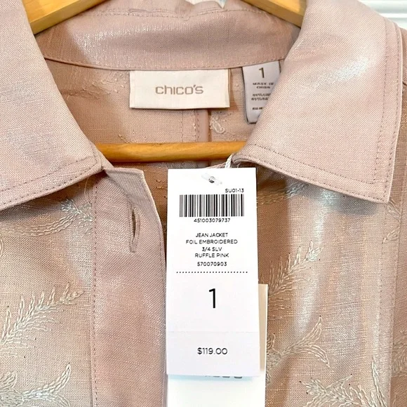 Chico’s Blush Pink Embroidered Linen Jacket Size One - Picture 4 of 7